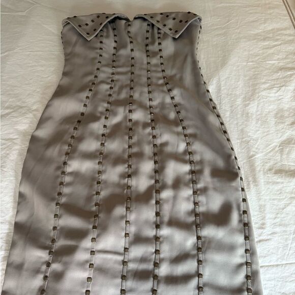 Rachel Gilbert Collared Strapless Dress with Square Studs. Mushroom. Size 0. - Picture 2 of 11